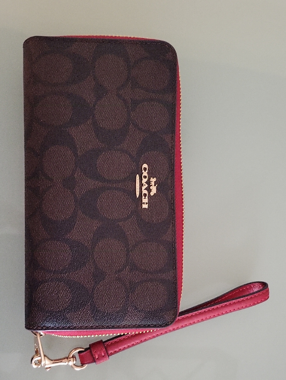 Coach Brown Long Signature Zip Wallet with Red Trim
